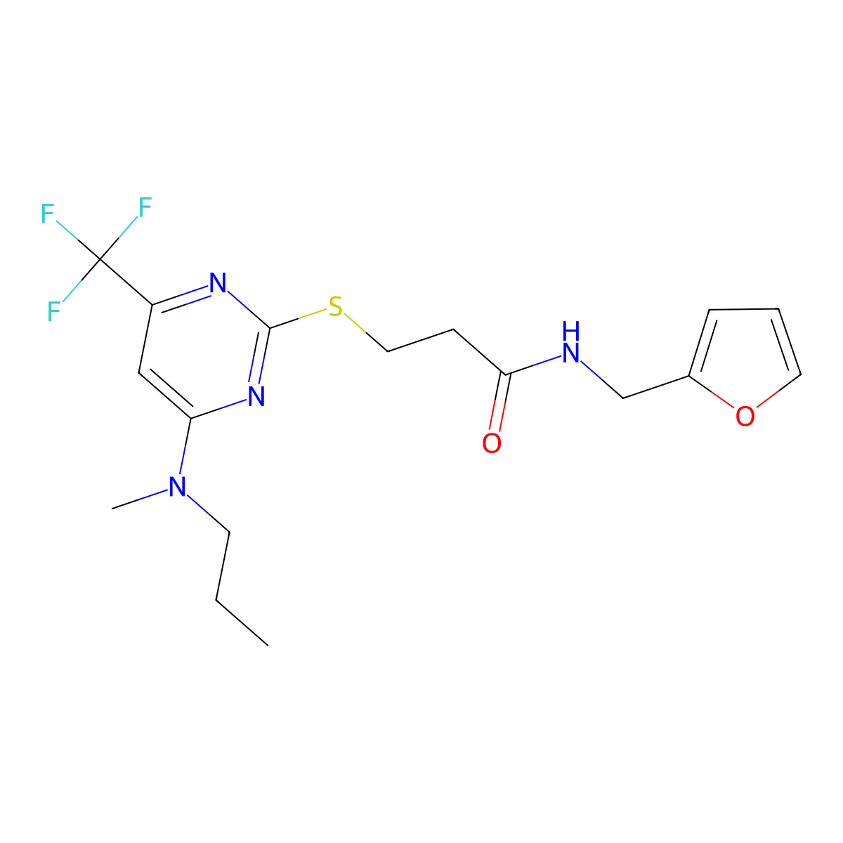 N-(Furan-2-ylmethyl)-3-((4-(methyl(propyl)amino)-6-(trifluoromethyl)pyrimidin-2-yl)thio)propanamide molecular structure, CAS 2313525-20-9
