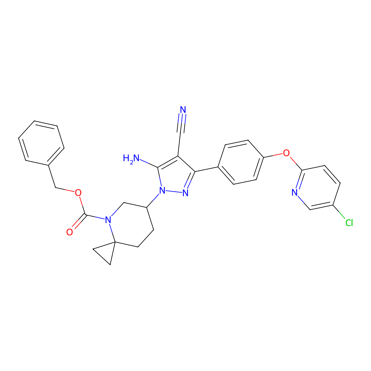 Benzyl (R)-6-(5-amino-3-(4-((5-chloropyridin-2-YL)oxy)phenyl)-4-cyano-1H-pyrazol-1-YL)-4-azaspiro[2.5]octane-4-carboxylate molecular structure, CAS 2315115-17-2