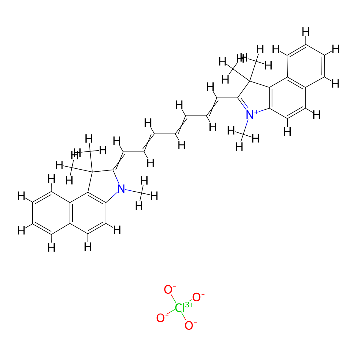 1H-Benz[e]indolium, 2-[7-(1,3-dihydro-1,1,3-trimethyl-2H-benz[e]indol-2-ylidene)-1,3,5-heptatrien-1-yl]-1,1,3-trimethyl-, perchlorate (1:1) molecular structure, CAS 23178-67-8