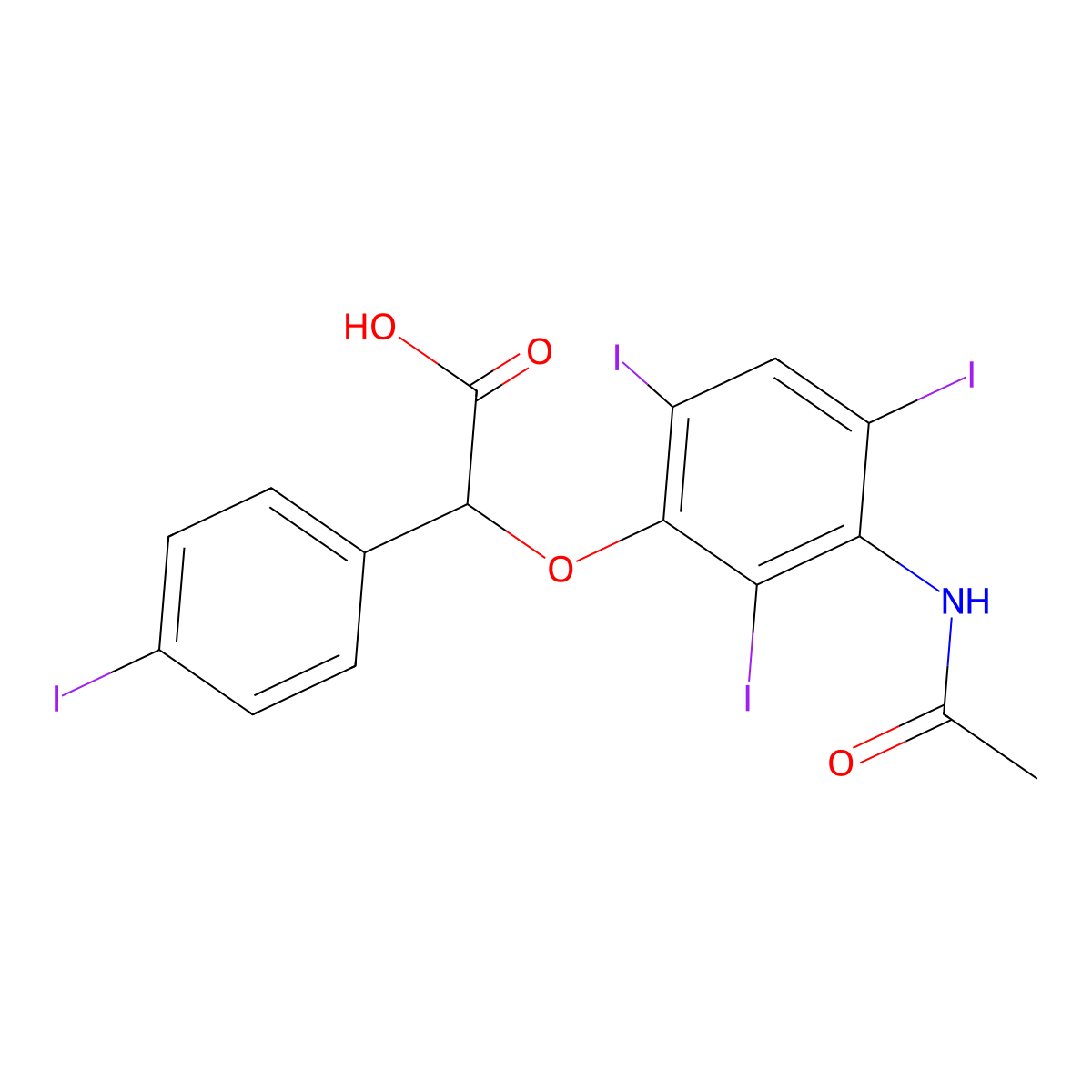 Acetic acid, 2-(3-acetamido-2,4,6-triiodophenoxy)-2-(p-iodophenyl)- molecular structure, CAS 23189-41-5