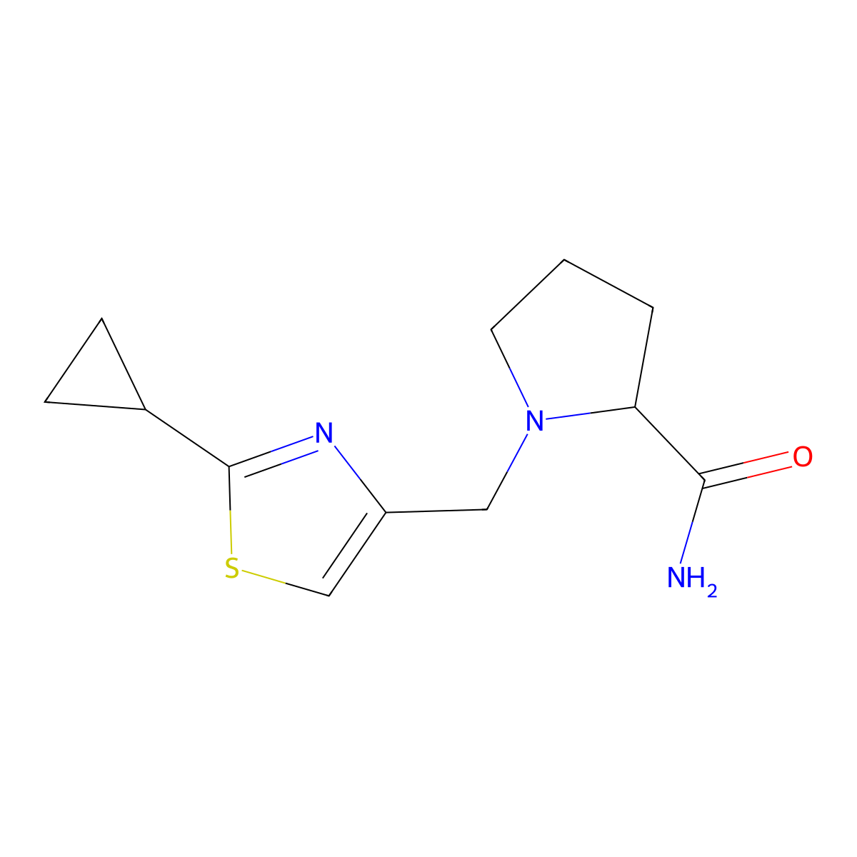 1-[(2-Cyclopropyl-1,3-thiazol-4-yl)methyl]pyrrolidine-2-carboxamide molecular structure, CAS 2319060-25-6