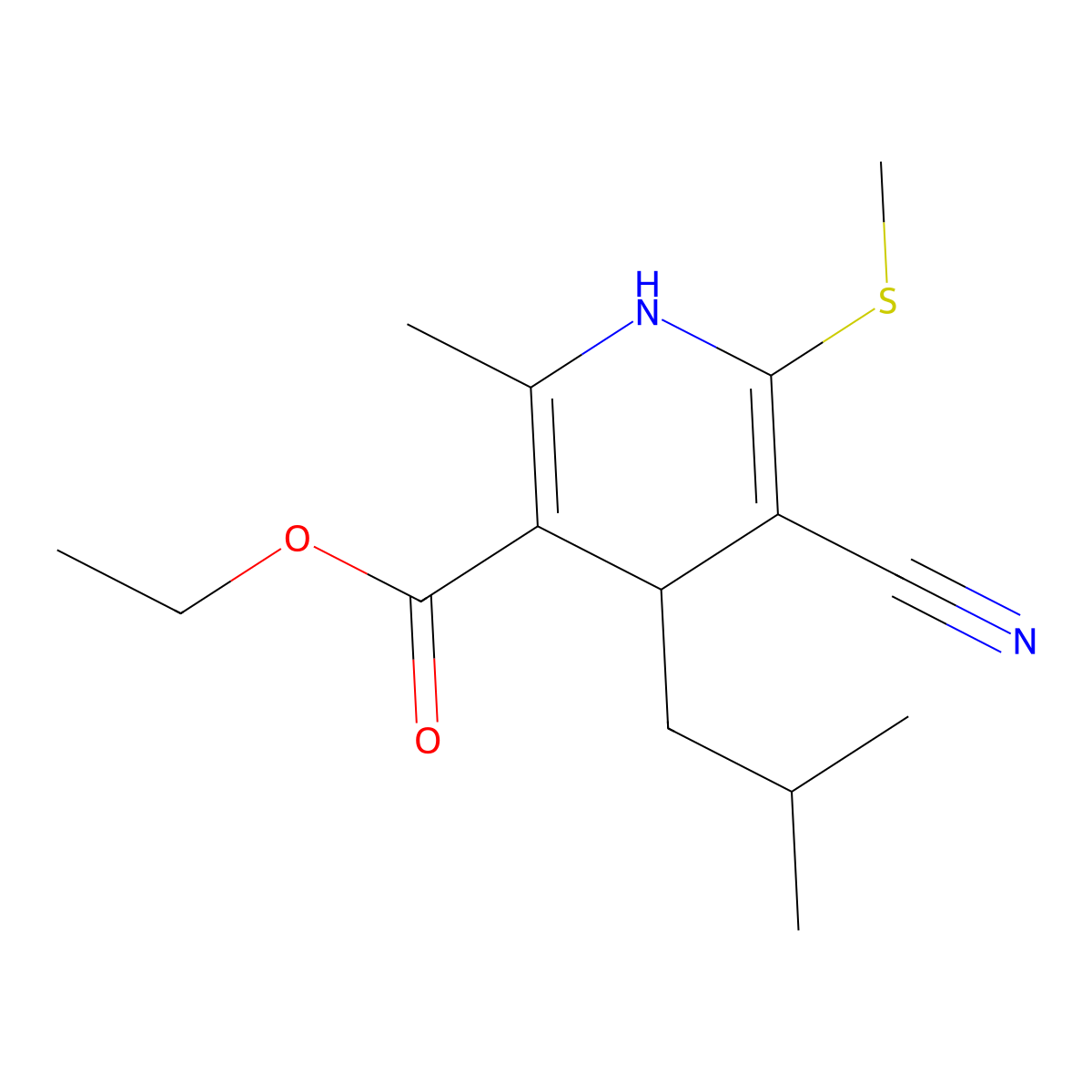 Ethyl 5-cyano-2-methyl-4-(2-methylpropyl)-6-methylsulfanyl-1,4-dihydropyridine-3-carboxylate molecular structure, CAS 231935-10-7