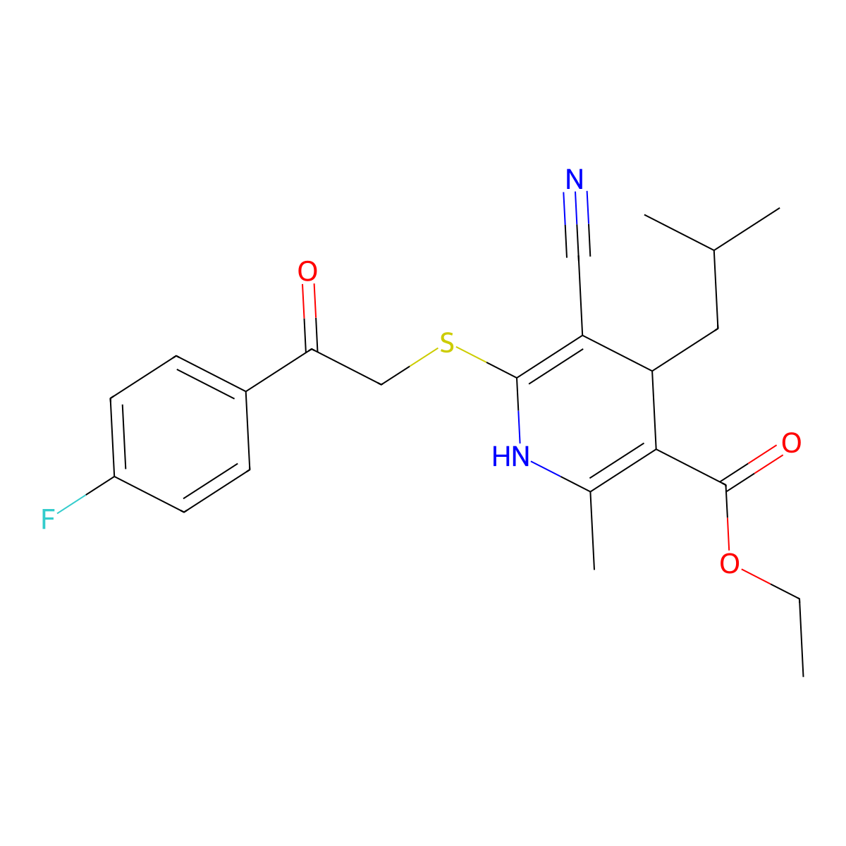 Ethyl 5-cyano-6-[2-(4-fluorophenyl)-2-oxoethyl]sulfanyl-2-methyl-4-(2-methylpropyl)-1,4-dihydropyridine-3-carboxylate molecular structure, CAS 231935-13-0