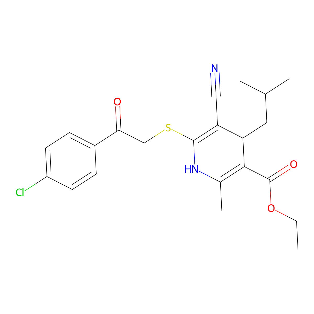 Ethyl 6-{[2-(4-chlorophenyl)-2-oxoethyl]sulfanyl}-5-cyano-2-methyl-4-(2-methylpropyl)-1,4-dihydropyridine-3-carboxylate molecular structure, CAS 231935-14-1