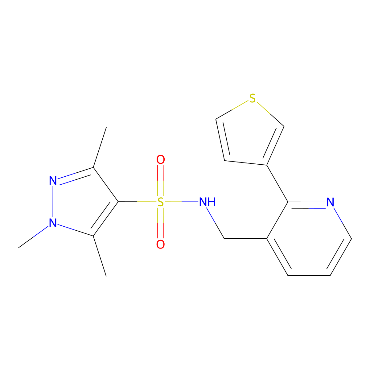 1,3,5-trimethyl-N-{[2-(thiophen-3-yl)pyridin-3-yl]methyl}-1H-pyrazole-4-sulfonamide molecular structure, CAS 2319633-74-2
