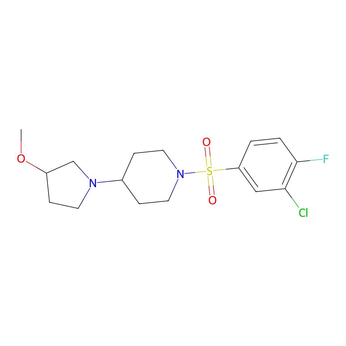1-(3-Chloro-4-fluorobenzenesulfonyl)-4-(3-methoxypyrrolidin-1-yl)piperidine molecular structure, CAS 2319634-27-8