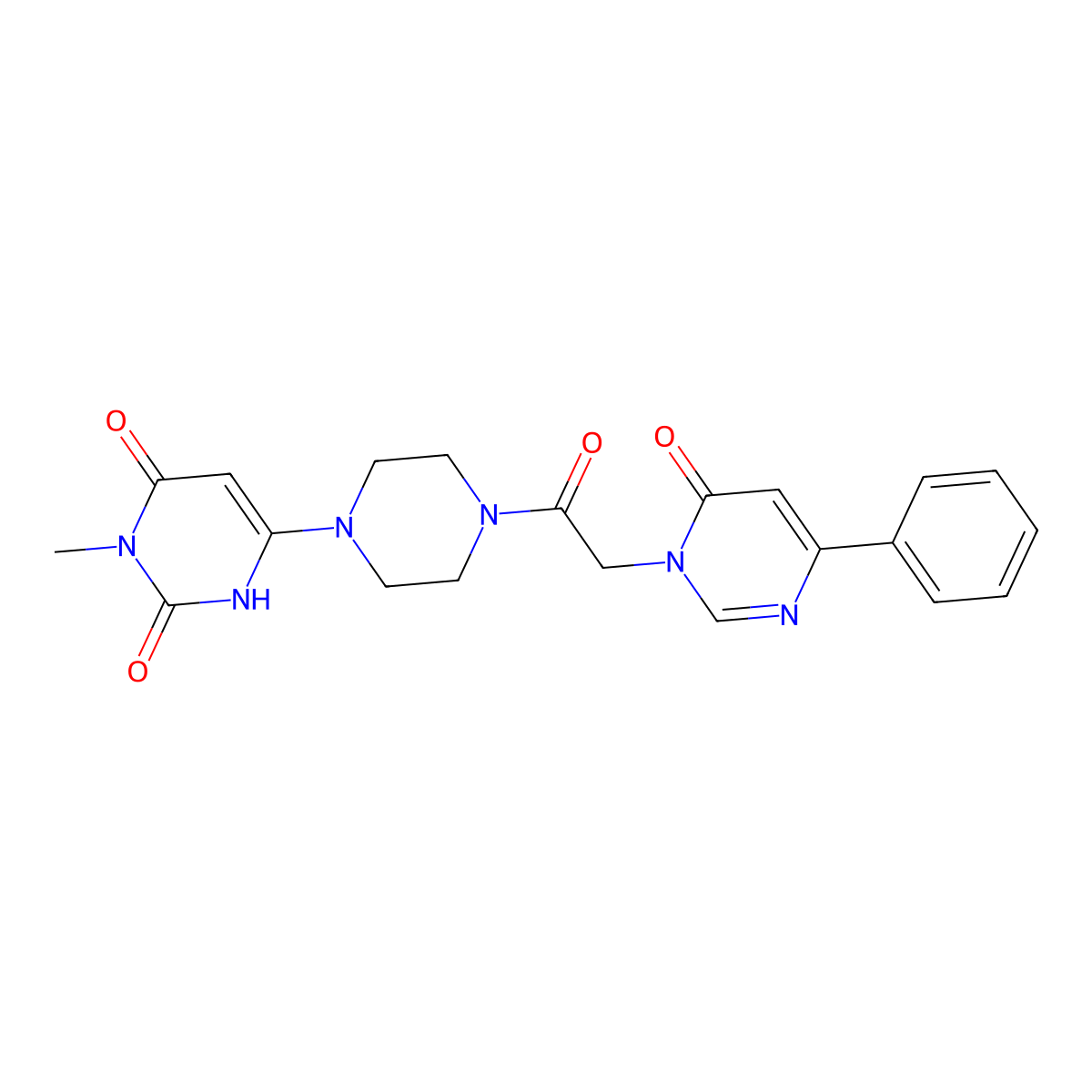 3-Methyl-6-{4-[2-(6-oxo-4-phenyl-1,6-dihydropyrimidin-1-yl)acetyl]piperazin-1-yl}-1,2,3,4-tetrahydropyrimidine-2,4-dione molecular structure, CAS 2319634-37-0