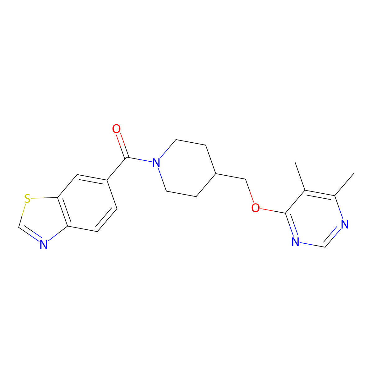 Benzo[d]thiazol-6-yl(4-(((5,6-dimethylpyrimidin-4-yl)oxy)methyl)piperidin-1-yl)methanone molecular structure, CAS 2319635-12-4