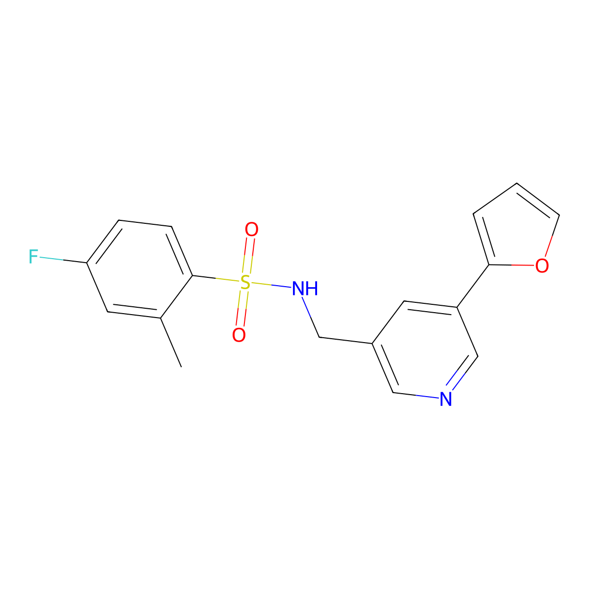 4-fluoro-N-((5-(furan-2-yl)pyridin-3-yl)methyl)-2-methylbenzenesulfonamide molecular structure, CAS 2319635-24-8