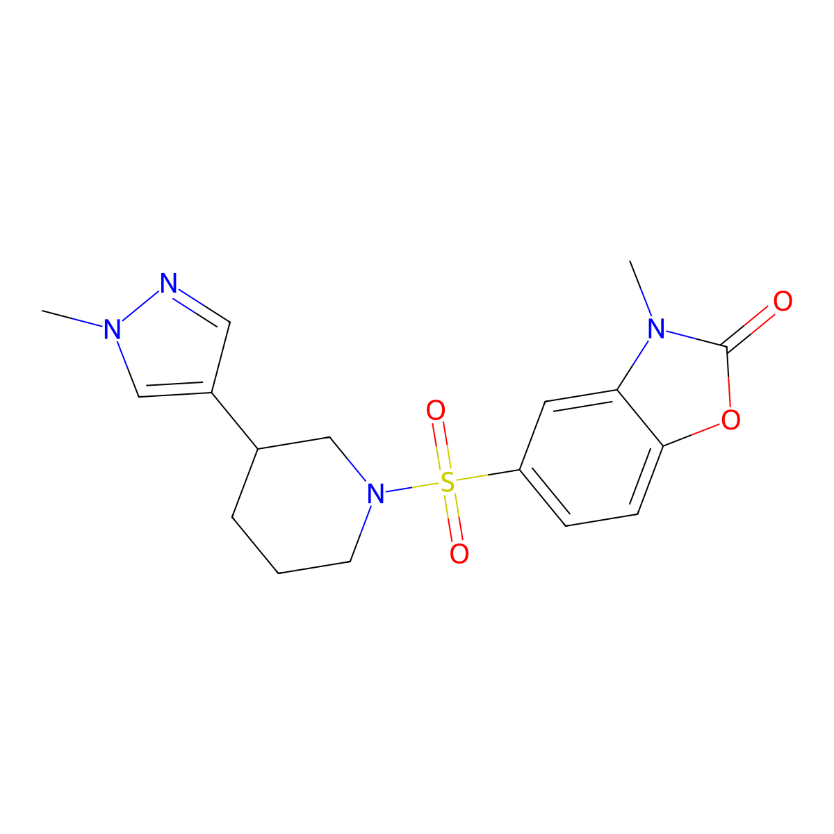 3-methyl-5-{[3-(1-methyl-1H-pyrazol-4-yl)piperidin-1-yl]sulfonyl}-2,3-dihydro-1,3-benzoxazol-2-one molecular structure, CAS 2319636-04-7