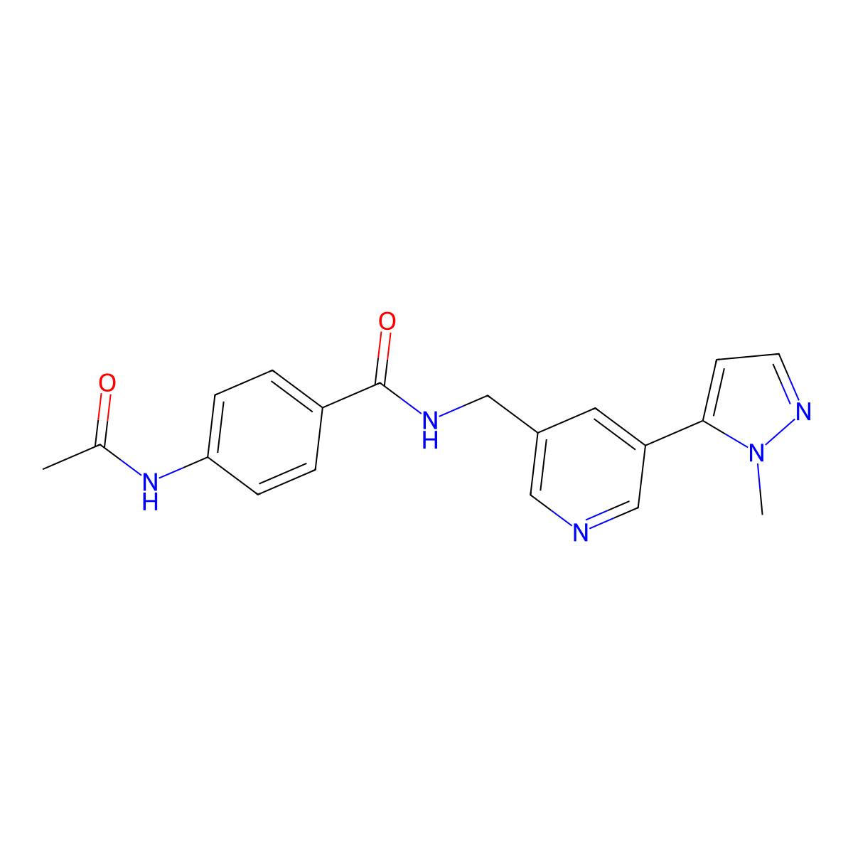 4-acetamido-N-{[5-(1-methyl-1H-pyrazol-5-yl)pyridin-3-yl]methyl}benzamide molecular structure, CAS 2319637-49-3
