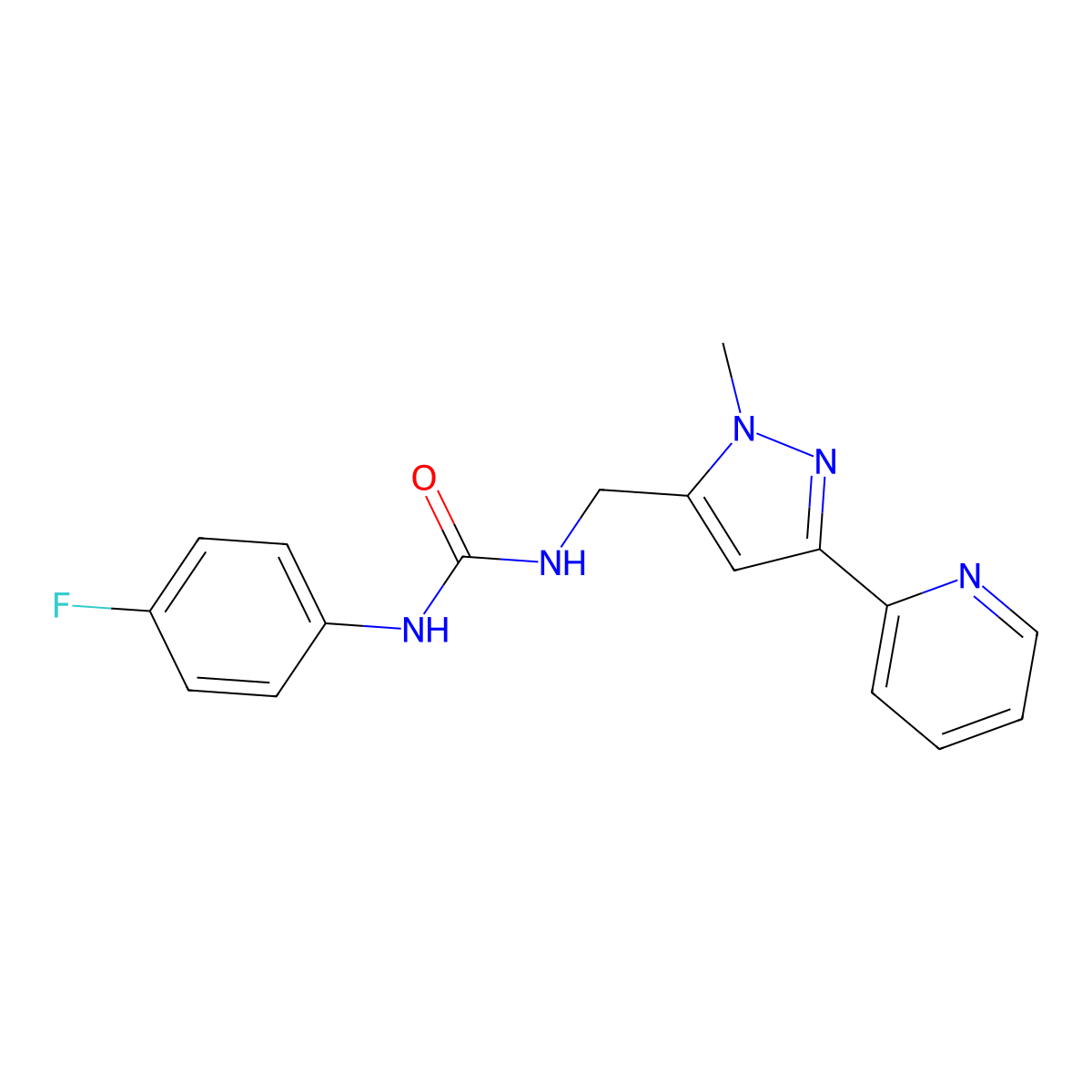 1-(4-fluorophenyl)-3-{[1-methyl-3-(pyridin-2-yl)-1H-pyrazol-5-yl]methyl}urea molecular structure, CAS 2319637-73-3