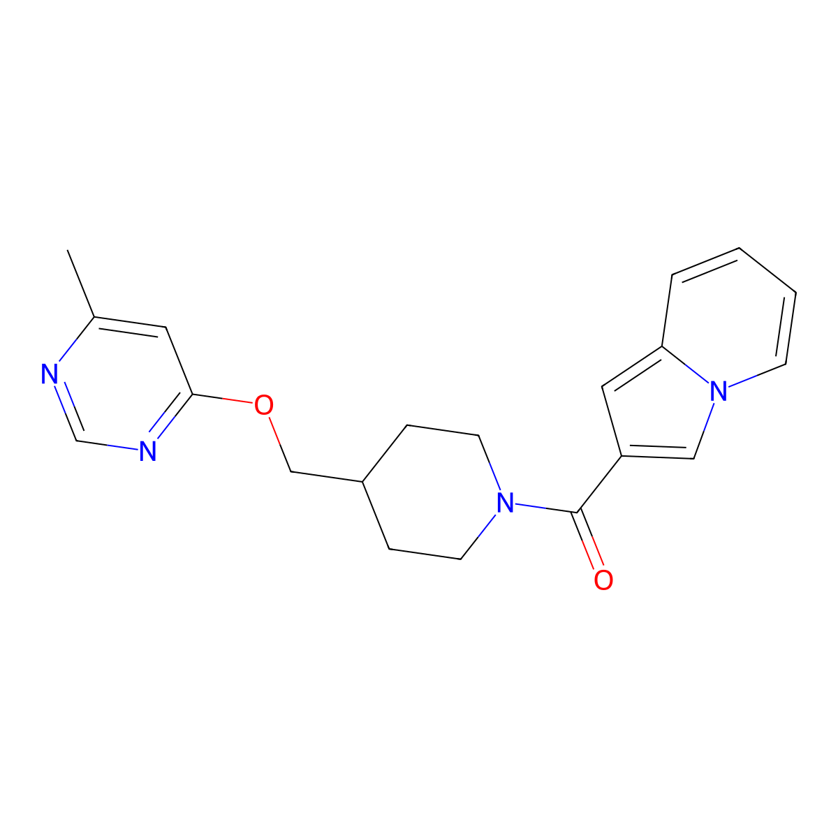 2-(4-{[(6-Methylpyrimidin-4-yl)oxy]methyl}piperidine-1-carbonyl)indolizine molecular structure, CAS 2319638-03-2