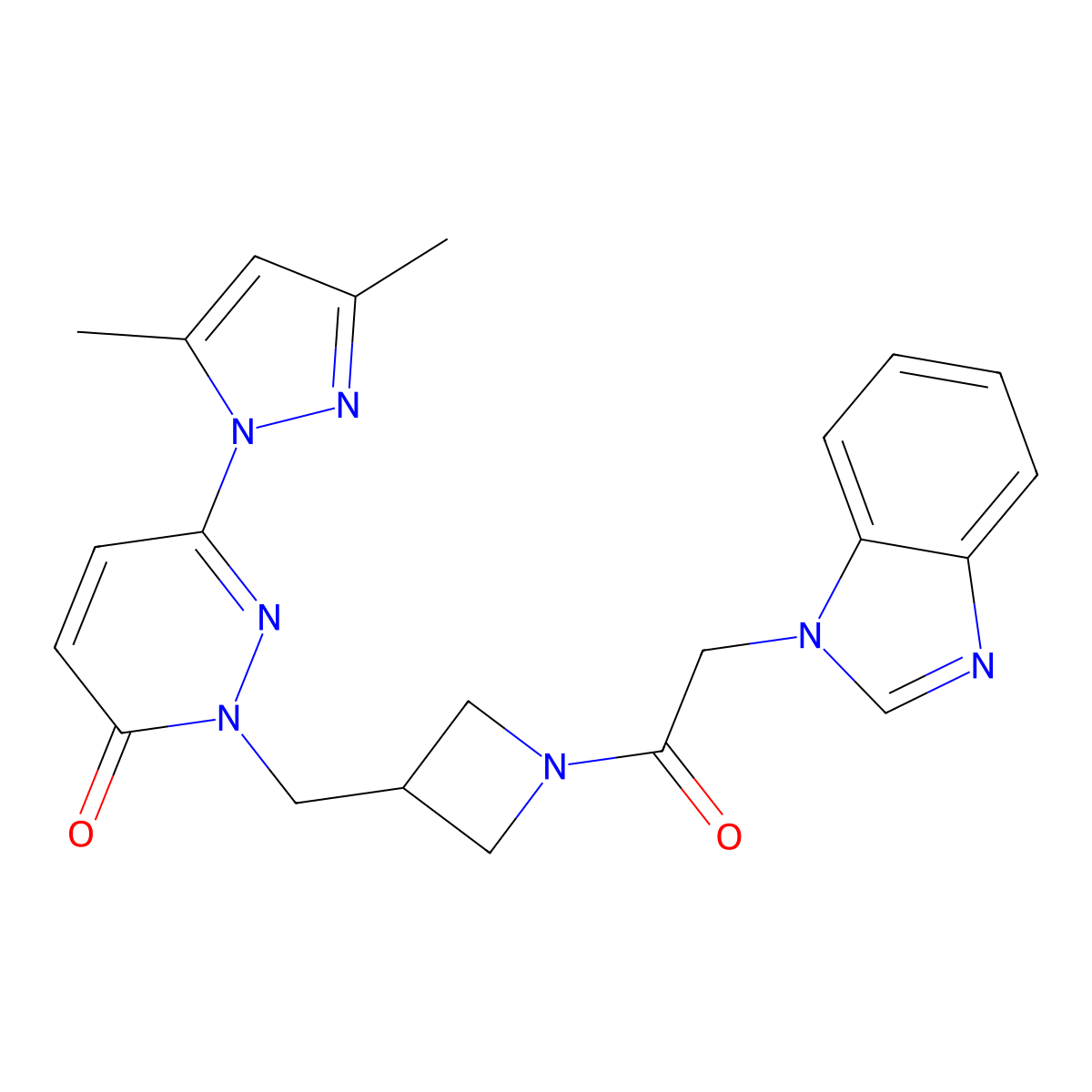 2-({1-[2-(1H-1,3-benzodiazol-1-yl)acetyl]azetidin-3-yl}methyl)-6-(3,5-dimethyl-1H-pyrazol-1-yl)-2,3-dihydropyridazin-3-one molecular structure, CAS 2319638-62-3