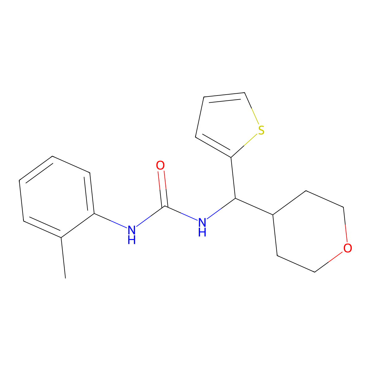 3-(2-Methylphenyl)-1-[(oxan-4-yl)(thiophen-2-yl)methyl]urea molecular structure, CAS 2319638-79-2