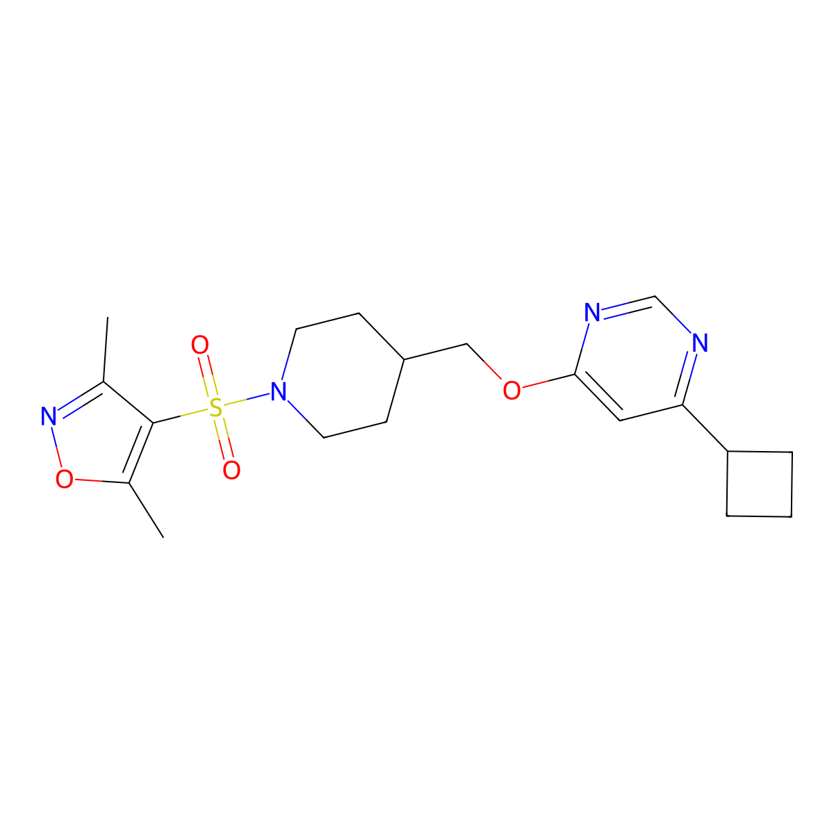 4-Cyclobutyl-6-({1-[(3,5-dimethyl-1,2-oxazol-4-yl)sulfonyl]piperidin-4-yl}methoxy)pyrimidine molecular structure, CAS 2319639-48-8