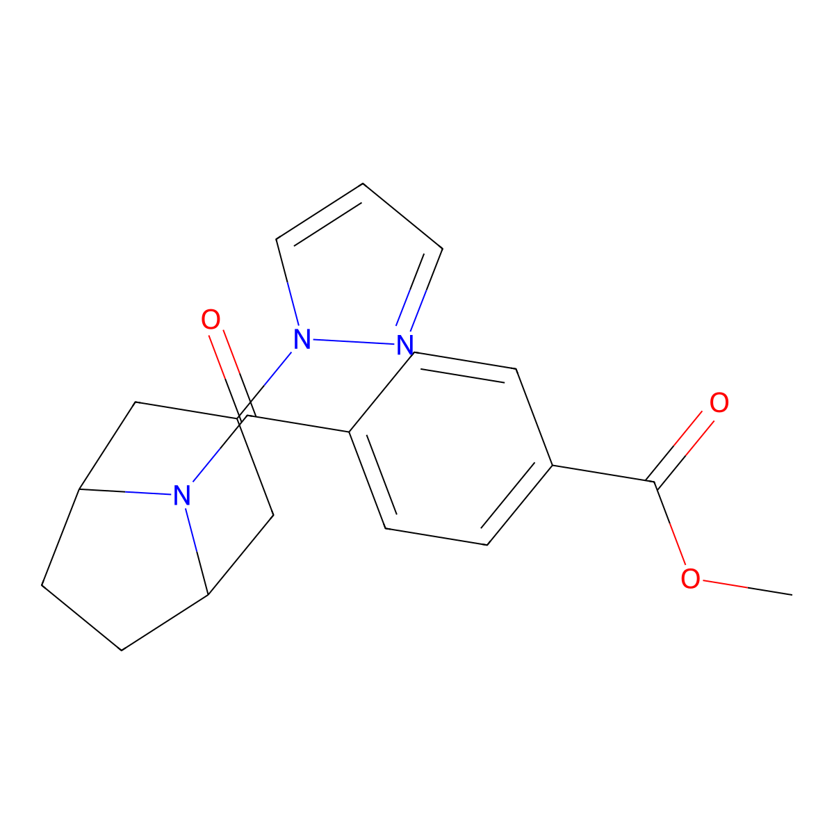 methyl 4-[3-(1H-pyrazol-1-yl)-8-azabicyclo[3.2.1]octane-8-carbonyl]benzoate molecular structure, CAS 2319639-63-7