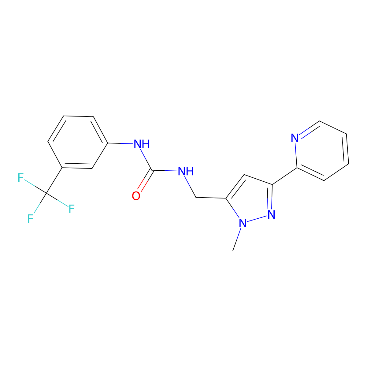 3-{[1-methyl-3-(pyridin-2-yl)-1H-pyrazol-5-yl]methyl}-1-[3-(trifluoromethyl)phenyl]urea molecular structure, CAS 2319639-81-9