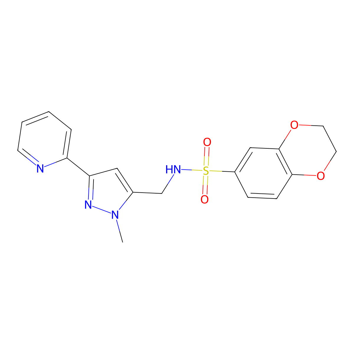N-{[1-methyl-3-(pyridin-2-yl)-1H-pyrazol-5-yl]methyl}-2,3-dihydro-1,4-benzodioxine-6-sulfonamide molecular structure, CAS 2319639-89-7
