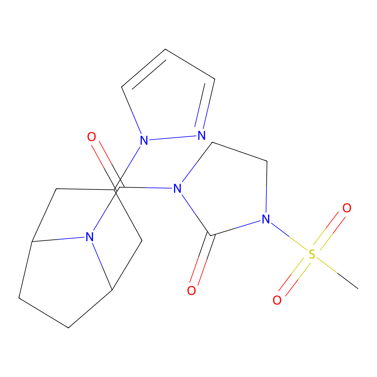 1-methanesulfonyl-3-[3-(1H-pyrazol-1-yl)-8-azabicyclo[3.2.1]octane-8-carbonyl]imidazolidin-2-one molecular structure, CAS 2319640-25-8