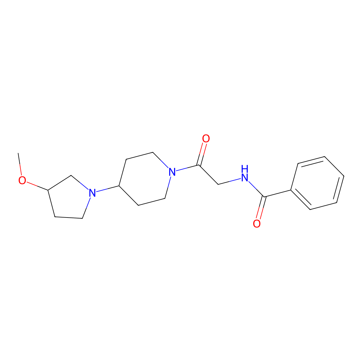N-(2-(4-(3-methoxypyrrolidin-1-yl)piperidin-1-yl)-2-oxoethyl)benzamide molecular structure, CAS 2319640-36-1