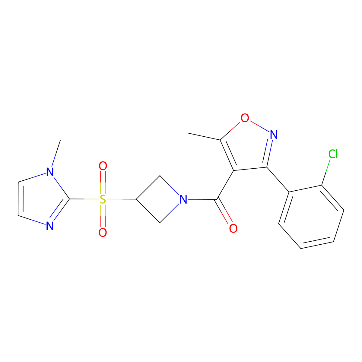 (3-(2-chlorophenyl)-5-methylisoxazol-4-yl)(3-((1-methyl-1H-imidazol-2-yl)sulfonyl)azetidin-1-yl)methanone molecular structure, CAS 2319640-48-5