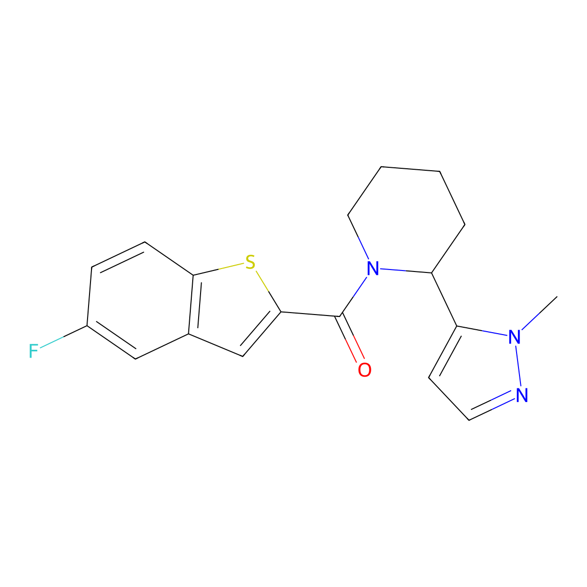 1-(5-fluoro-1-benzothiophene-2-carbonyl)-2-(1-methyl-1H-pyrazol-5-yl)piperidine molecular structure, CAS 2319647-67-9