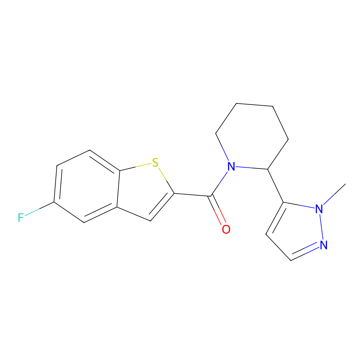 1-(5-fluoro-1-benzothiophene-2-carbonyl)-2-(1-methyl-1H-pyrazol-5-yl)piperidine molecular structure, CAS 2319647-67-9
