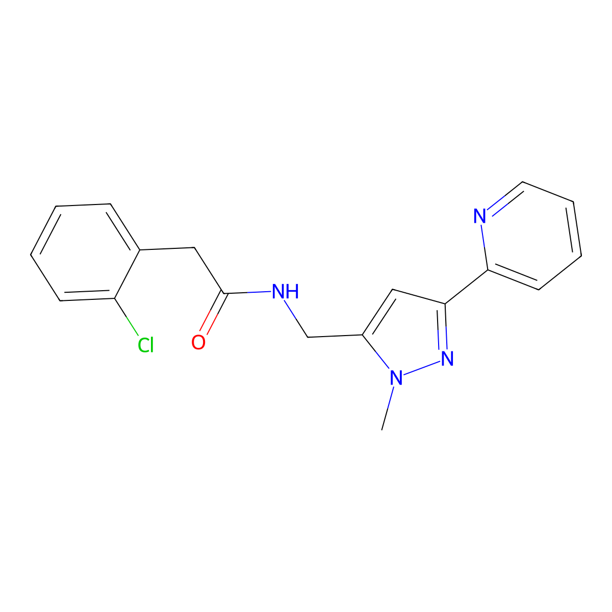2-(2-chlorophenyl)-N-{[1-methyl-3-(pyridin-2-yl)-1H-pyrazol-5-yl]methyl}acetamide molecular structure, CAS 2319647-81-7