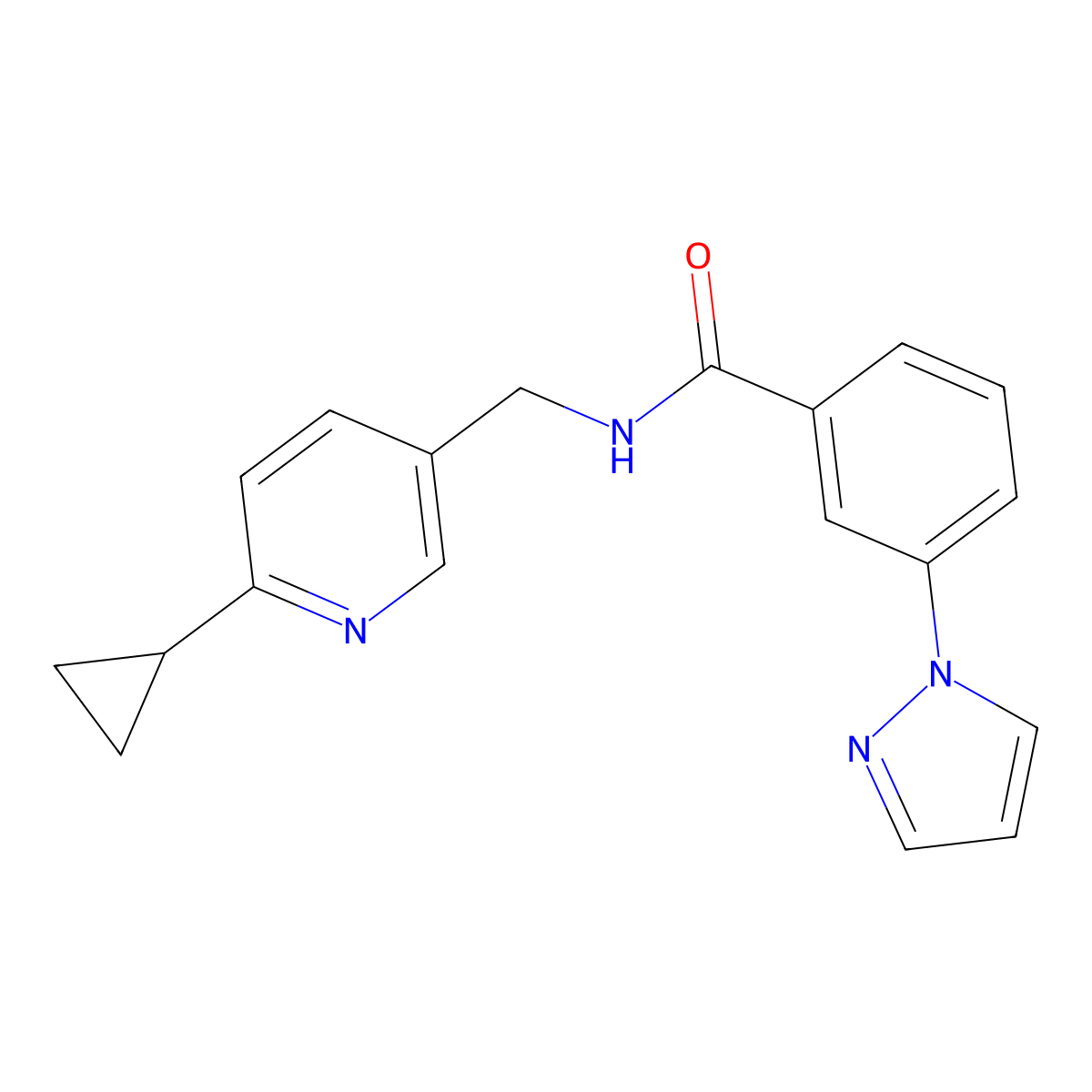 N-((6-cyclopropylpyridin-3-yl)methyl)-3-(1H-pyrazol-1-yl)benzamide molecular structure, CAS 2319648-02-5