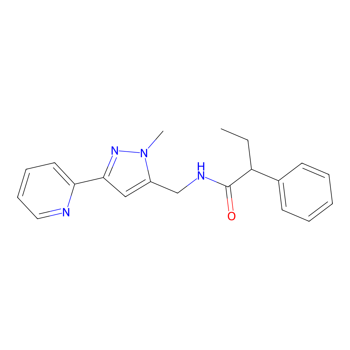 N-{[1-methyl-3-(pyridin-2-yl)-1H-pyrazol-5-yl]methyl}-2-phenylbutanamide molecular structure, CAS 2319648-13-8