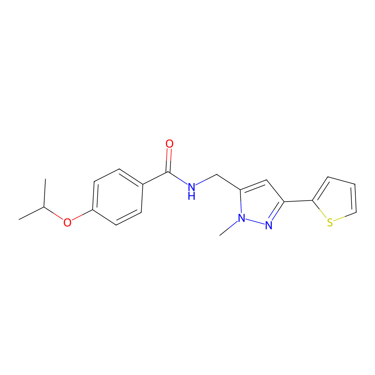 N-{[1-methyl-3-(thiophen-2-yl)-1H-pyrazol-5-yl]methyl}-4-(propan-2-yloxy)benzamide molecular structure, CAS 2319717-54-7