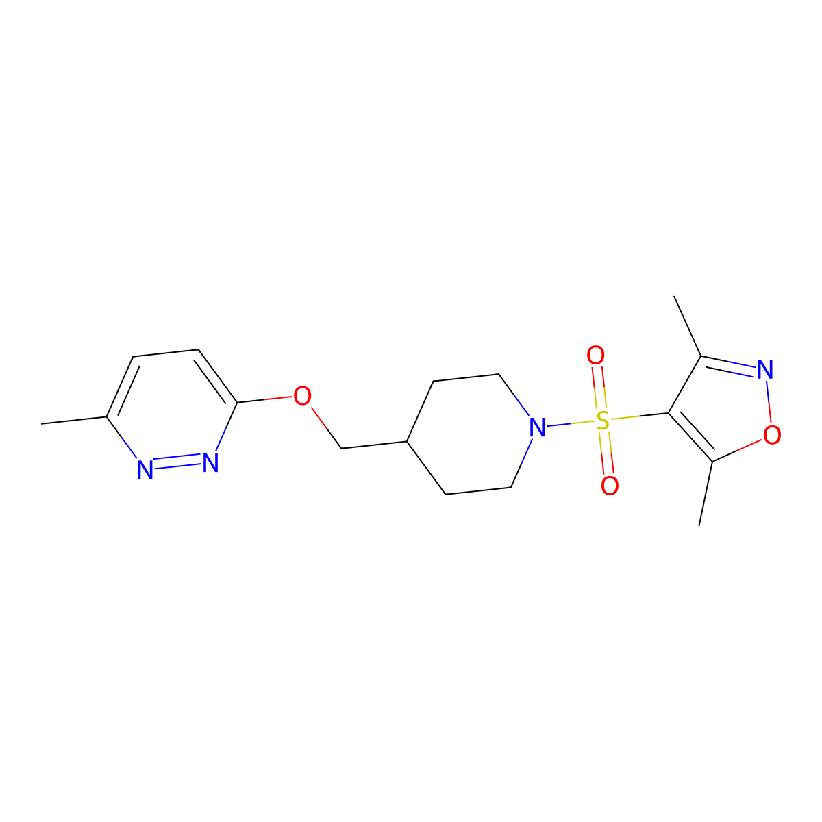3-({1-[(3,5-Dimethyl-1,2-oxazol-4-yl)sulfonyl]piperidin-4-yl}methoxy)-6-methylpyridazine molecular structure, CAS 2319718-06-2