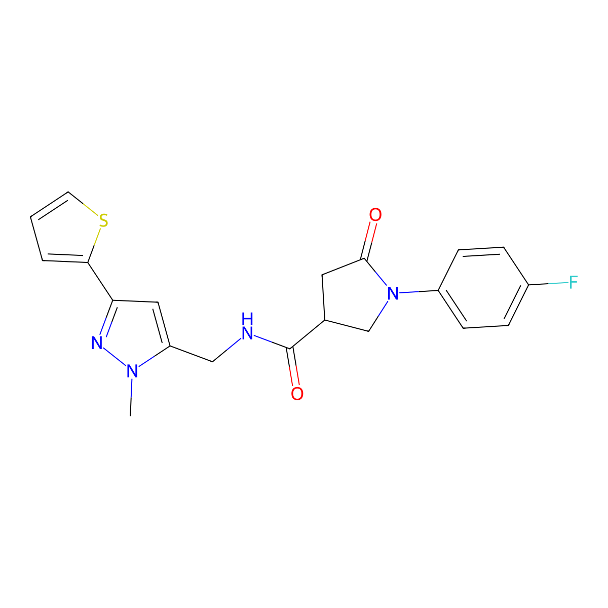 1-(4-fluorophenyl)-N-{[1-methyl-3-(thiophen-2-yl)-1H-pyrazol-5-yl]methyl}-5-oxopyrrolidine-3-carboxamide molecular structure, CAS 2319718-15-3