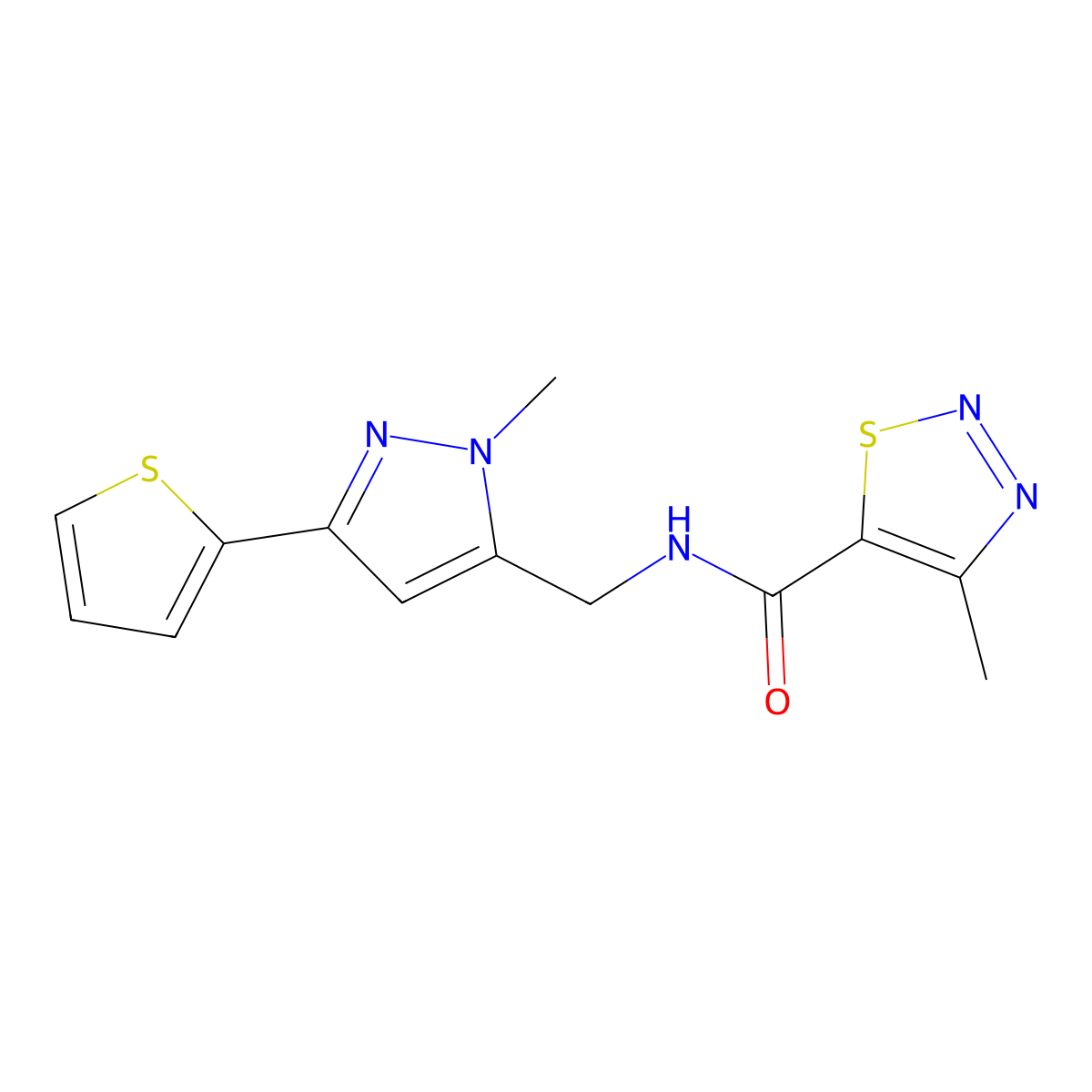 4-methyl-N-{[1-methyl-3-(thiophen-2-yl)-1H-pyrazol-5-yl]methyl}-1,2,3-thiadiazole-5-carboxamide molecular structure, CAS 2319718-98-2