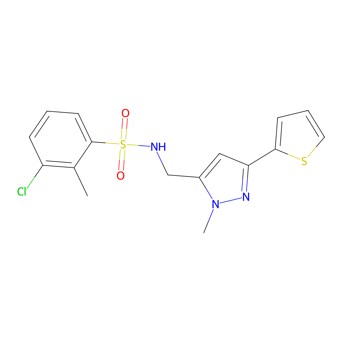 3-chloro-2-methyl-N-{[1-methyl-3-(thiophen-2-yl)-1H-pyrazol-5-yl]methyl}benzene-1-sulfonamide molecular structure, CAS 2319719-69-0