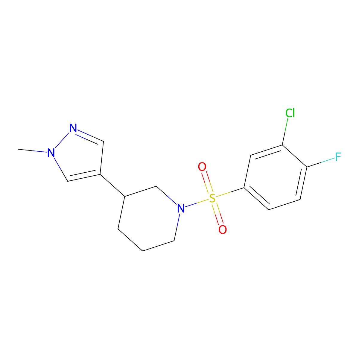 1-(3-chloro-4-fluorobenzenesulfonyl)-3-(1-methyl-1H-pyrazol-4-yl)piperidine molecular structure, CAS 2319719-94-1