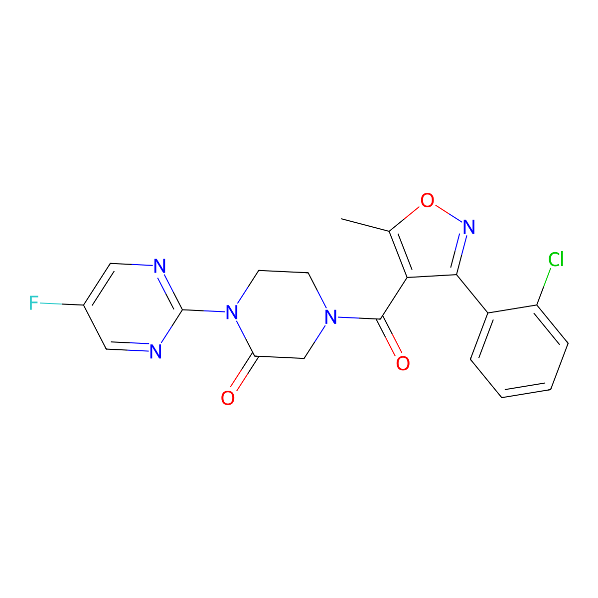 4-[3-(2-Chlorophenyl)-5-methyl-1,2-oxazole-4-carbonyl]-1-(5-fluoropyrimidin-2-yl)piperazin-2-one molecular structure, CAS 2319720-08-4