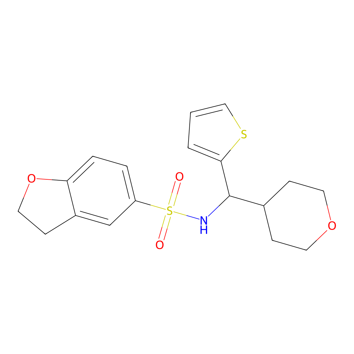 N-((tetrahydro-2H-pyran-4-yl)(thiophen-2-yl)methyl)-2,3-dihydrobenzofuran-5-sulfonamide molecular structure, CAS 2319720-41-5