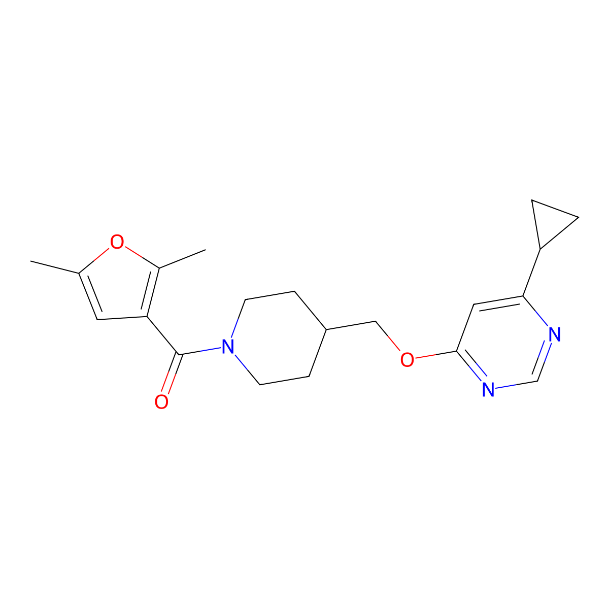 4-Cyclopropyl-6-{[1-(2,5-dimethylfuran-3-carbonyl)piperidin-4-yl]methoxy}pyrimidine molecular structure, CAS 2319720-45-9