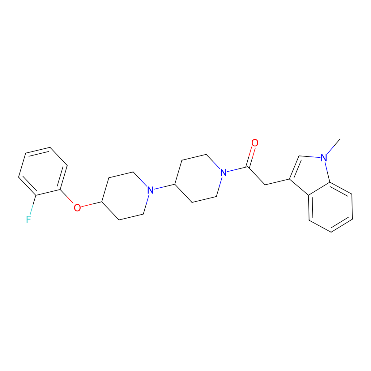 1-(4-(2-fluorophenoxy)-[1,4'-bipiperidin]-1'-yl)-2-(1-methyl-1H-indol-3-yl)ethan-1-one molecular structure, CAS 2319720-57-3