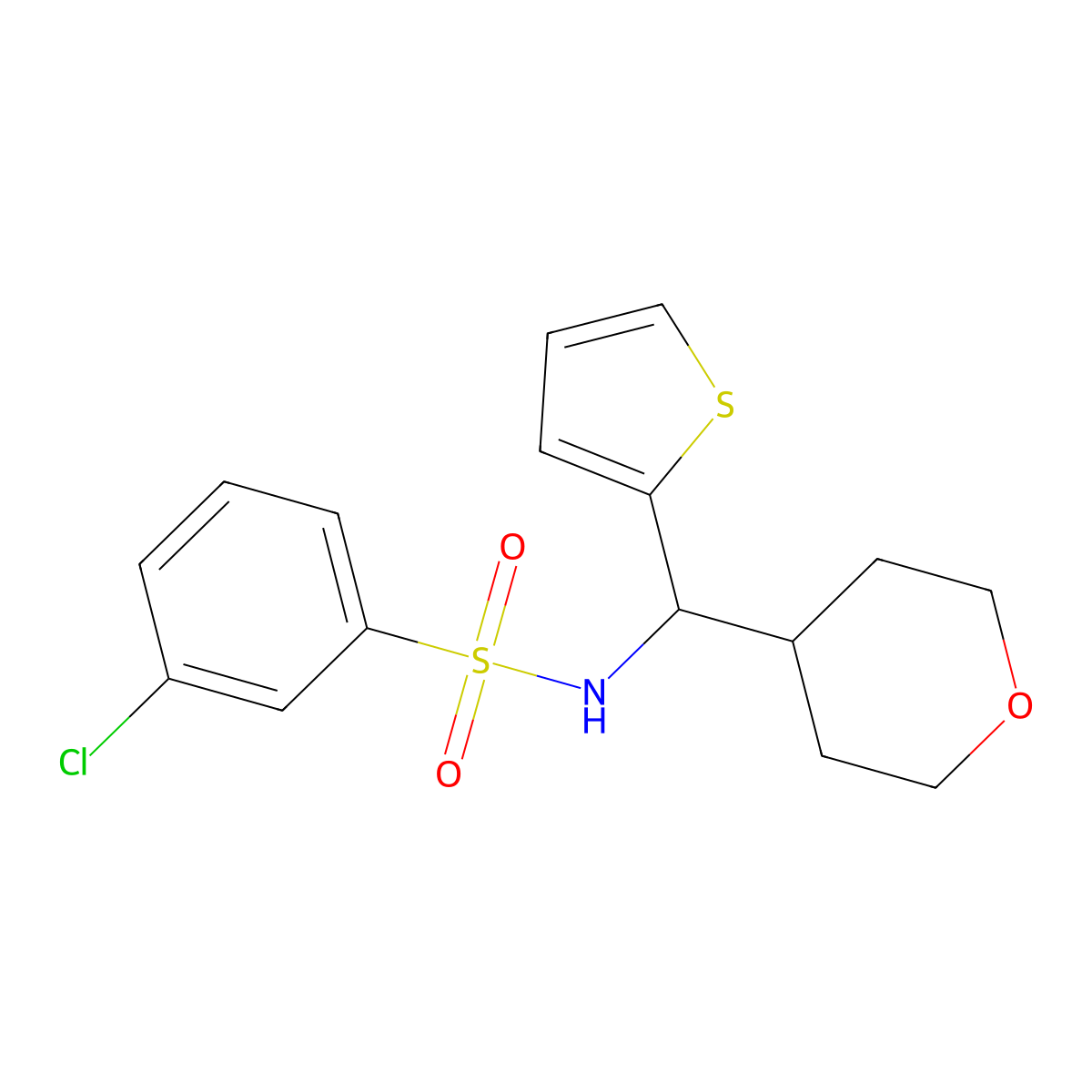 3-chloro-N-[(oxan-4-yl)(thiophen-2-yl)methyl]benzene-1-sulfonamide molecular structure, CAS 2319720-71-1