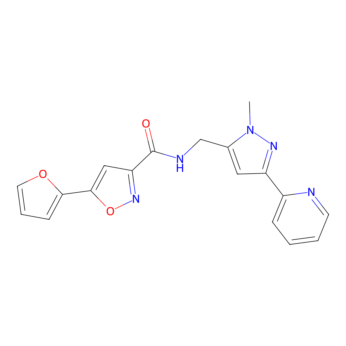 5-(furan-2-yl)-N-{[1-methyl-3-(pyridin-2-yl)-1H-pyrazol-5-yl]methyl}-1,2-oxazole-3-carboxamide molecular structure, CAS 2319720-99-3