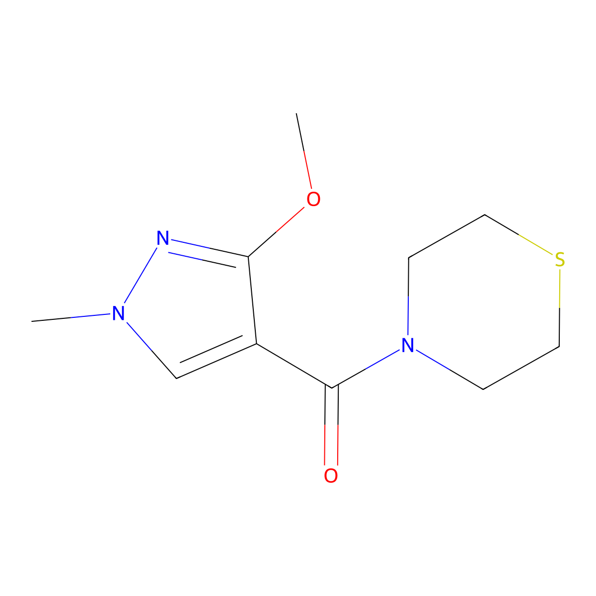 4-(3-methoxy-1-methyl-1H-pyrazole-4-carbonyl)thiomorpholine molecular structure, CAS 2319721-16-7