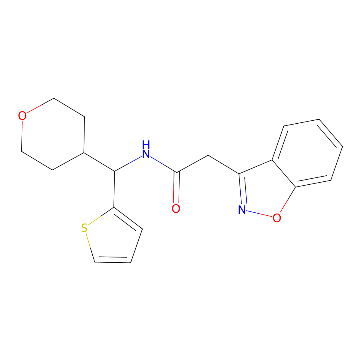 2-(1,2-benzoxazol-3-yl)-N-[(oxan-4-yl)(thiophen-2-yl)methyl]acetamide molecular structure, CAS 2319721-39-4