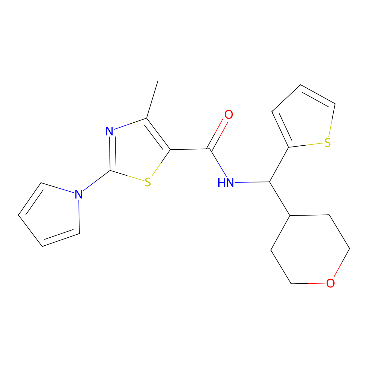 4-methyl-2-(1H-pyrrol-1-yl)-N-((tetrahydro-2H-pyran-4-yl)(thiophen-2-yl)methyl)thiazole-5-carboxamide molecular structure, CAS 2319722-46-6