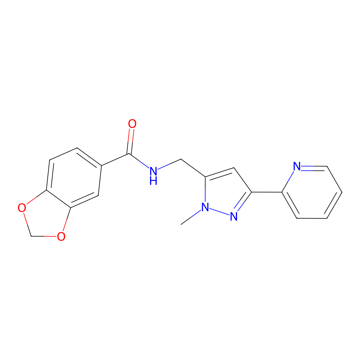 N-{[1-methyl-3-(pyridin-2-yl)-1H-pyrazol-5-yl]methyl}-2H-1,3-benzodioxole-5-carboxamide molecular structure, CAS 2319722-71-7