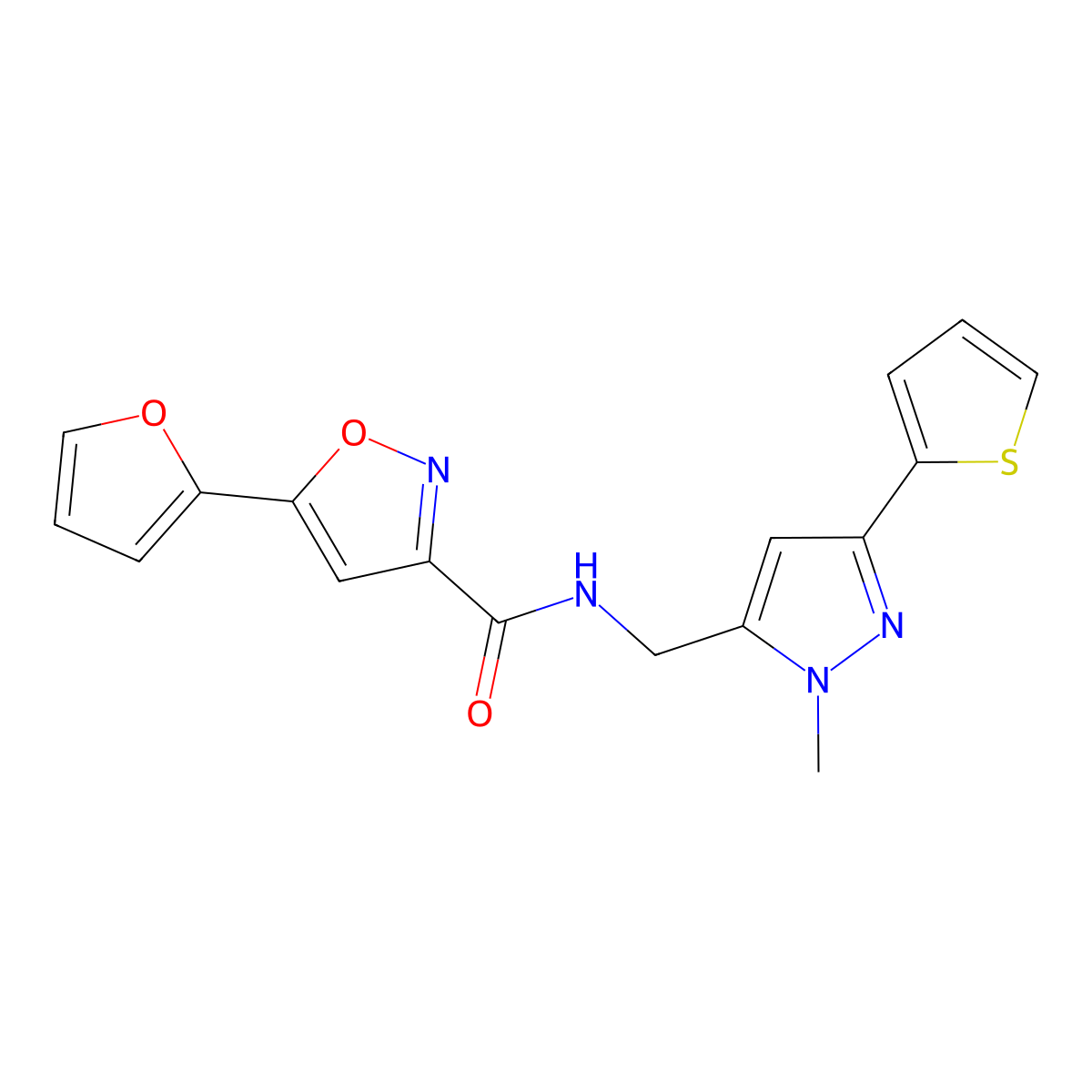 5-(furan-2-yl)-N-{[1-methyl-3-(thiophen-2-yl)-1H-pyrazol-5-yl]methyl}-1,2-oxazole-3-carboxamide molecular structure, CAS 2319722-77-3