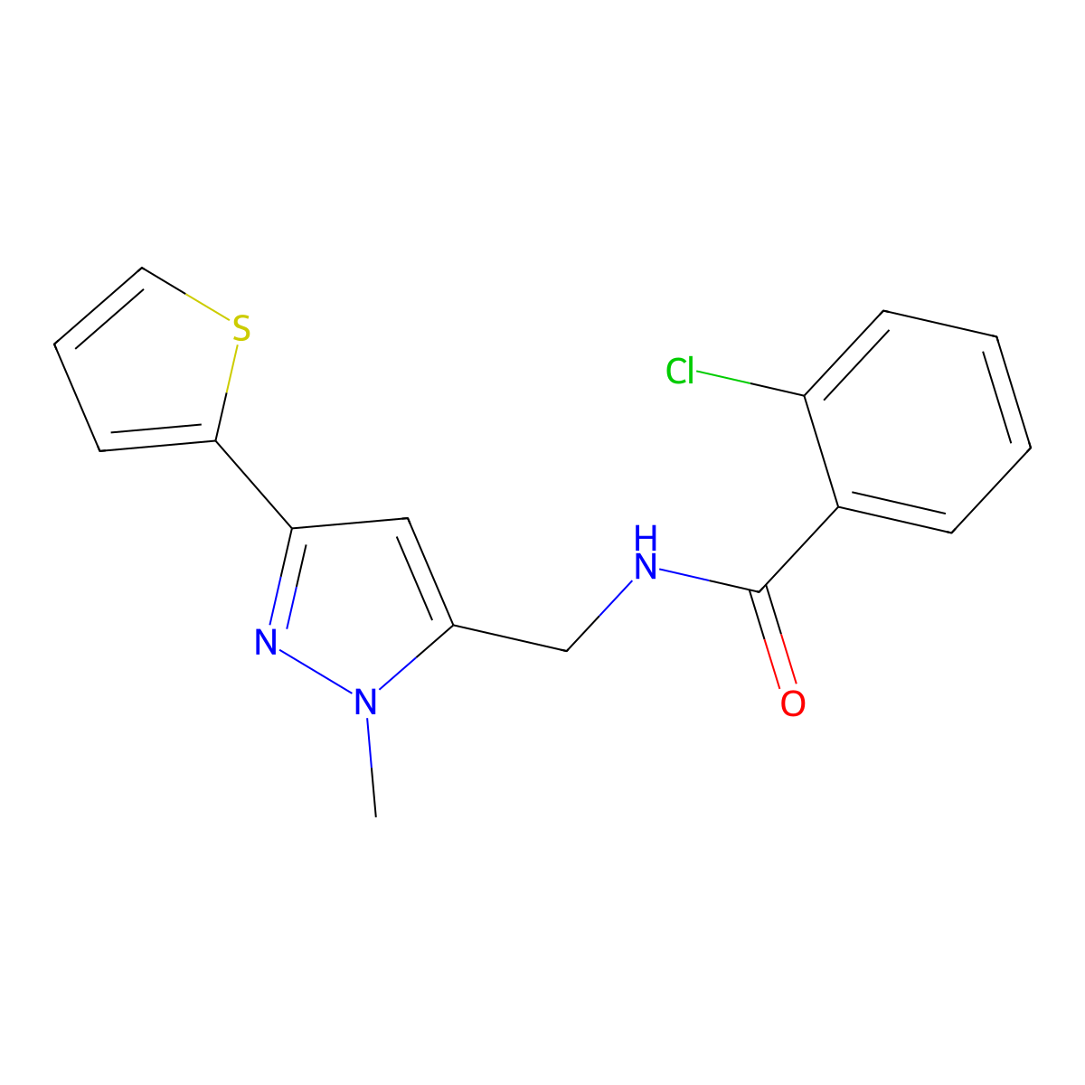 2-chloro-N-{[1-methyl-3-(thiophen-2-yl)-1H-pyrazol-5-yl]methyl}benzamide molecular structure, CAS 2319722-91-1