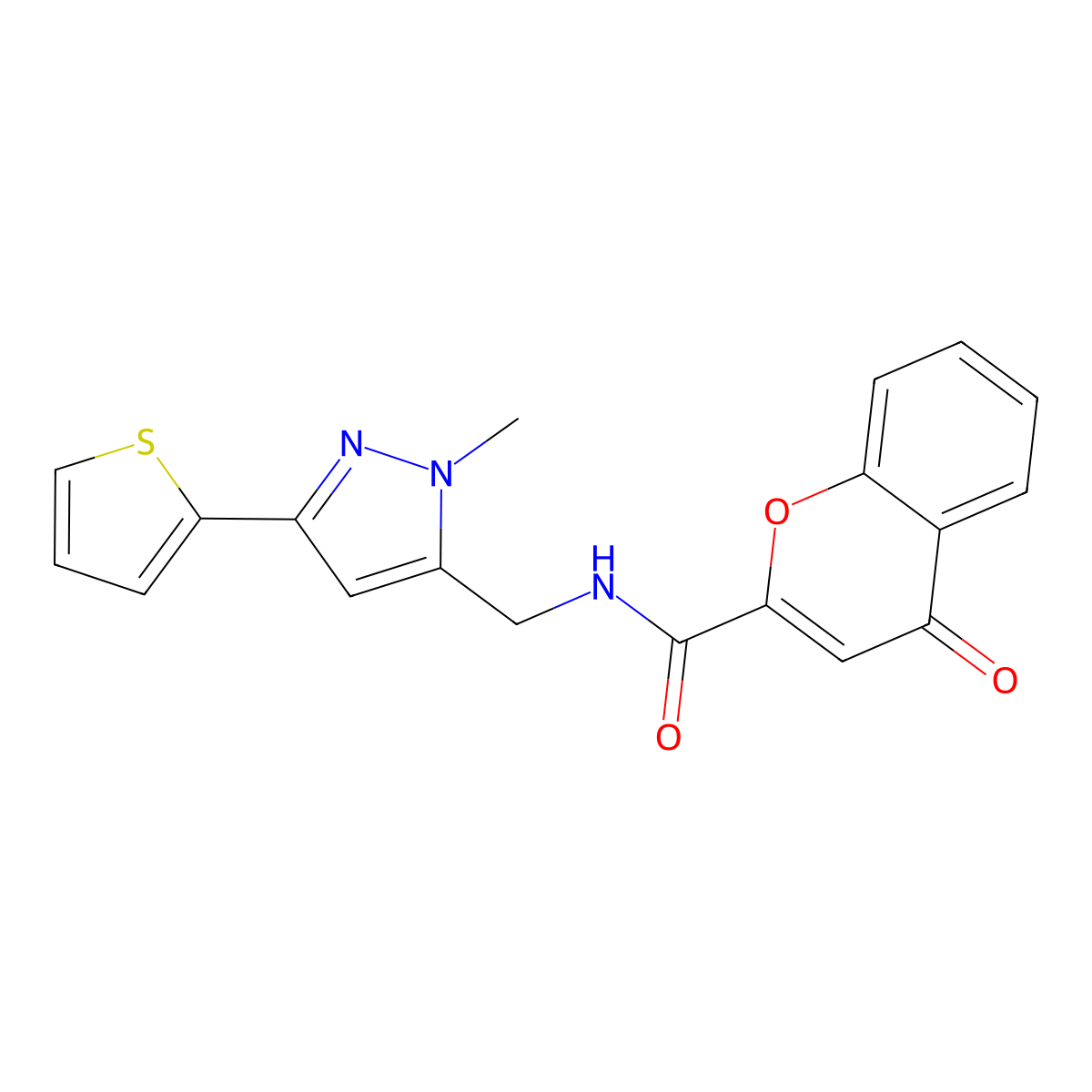 N-{[1-methyl-3-(thiophen-2-yl)-1H-pyrazol-5-yl]methyl}-4-oxo-4H-chromene-2-carboxamide molecular structure, CAS 2319723-13-0
